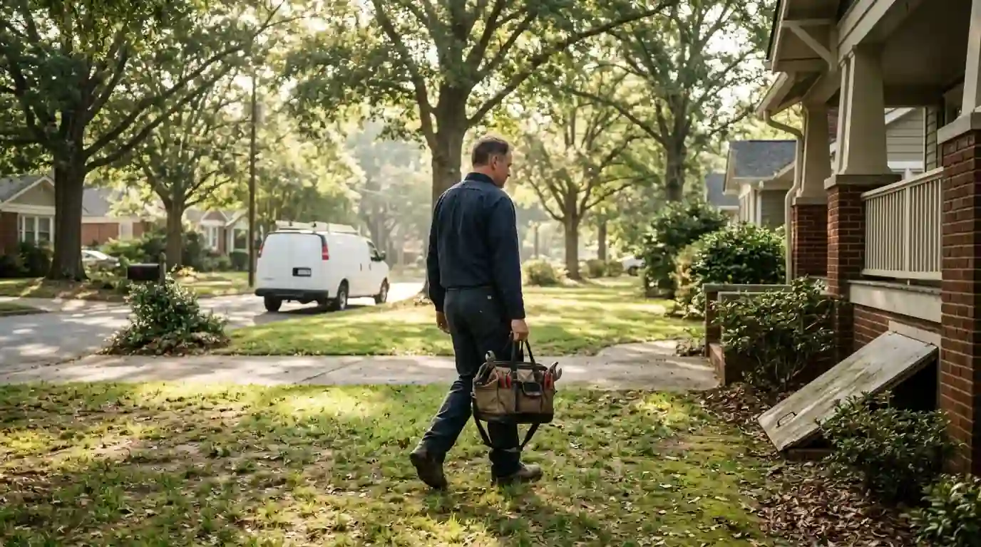 Plumber arriving at a crawl space home on a tree-lined street