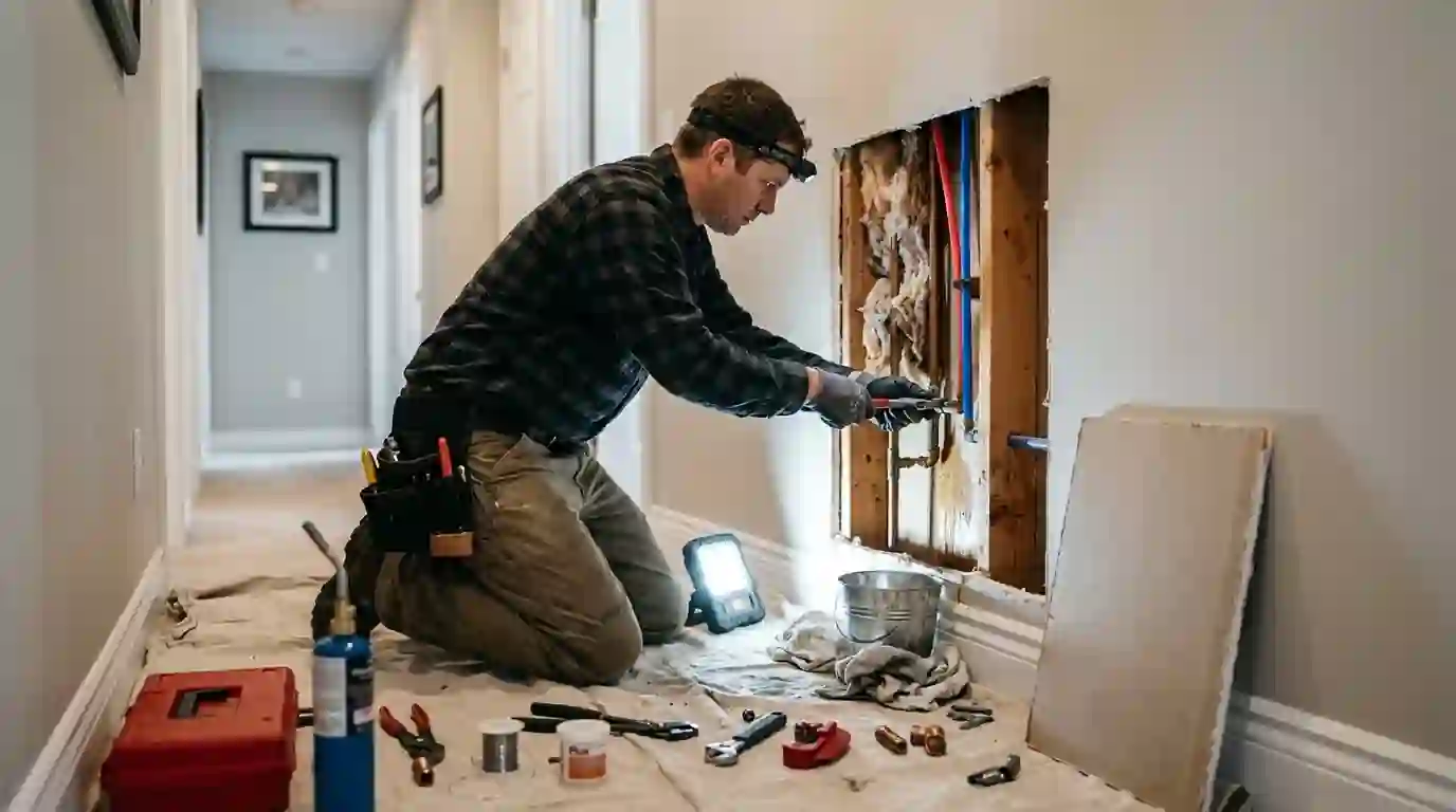 Plumber repairing a supply line through a small drywall opening