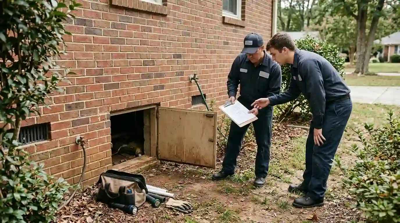 Two plumbers reviewing a job plan beside a crawl space door